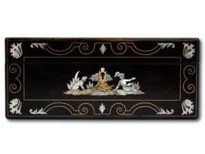 Front profile of the sewing box showing the abalone shell scene