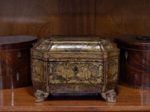 Front of the Chinese Export Lacquer Tea Chest in a collectors setting