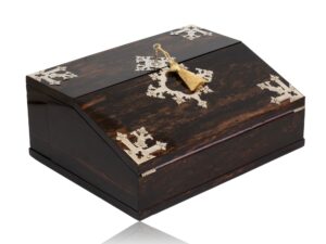 Front overview of the Coromandel Silver Mounted Writing Box Betjemann with the key fitted