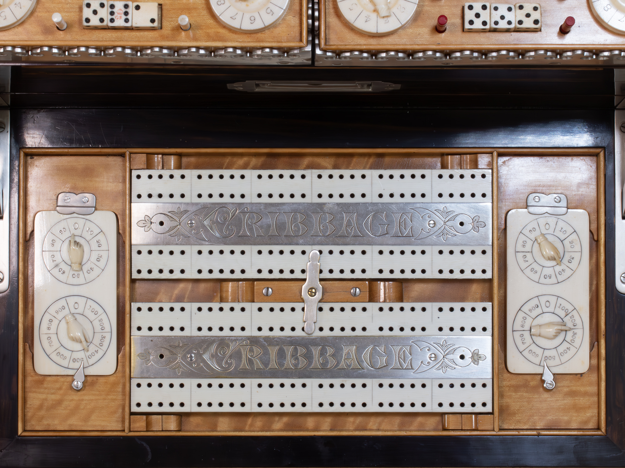 Top view of the bezique tray from the King Edward VII Coromandel Games Compendium by Betjemann & Sons