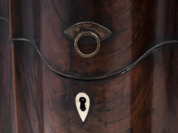 Close up of the steel handle and teardrop escutcheon on the Antique Georgian Mahogany Cutlery Boxes