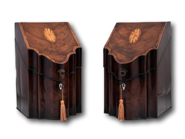 Front overview of the Antique Georgian Mahogany Cutlery Boxes with the keys fitted