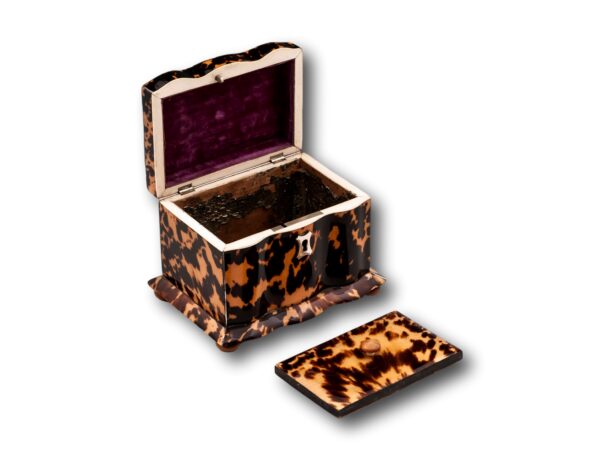 Tortoiseshell Tea Caddy with the lid open and the caddy lid removed