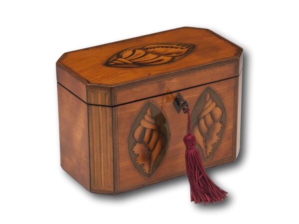 Overview of the Satinwood Tea Caddy with the key inserted