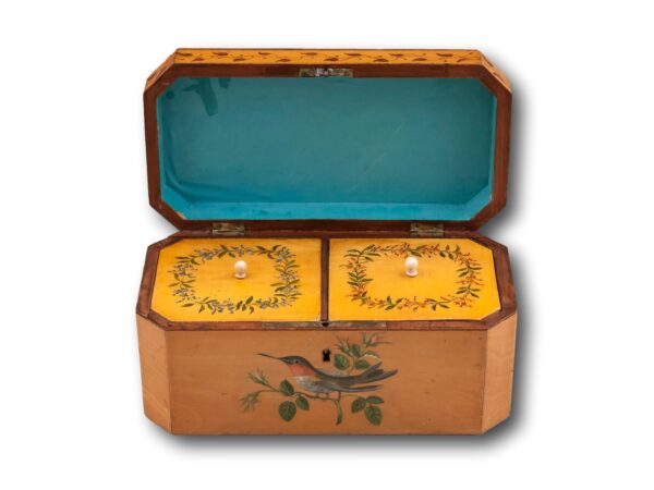 Overview of the Georgian Spa Penwork Tea Caddy with the lid up
