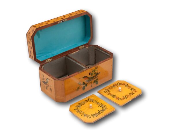Overview of the Georgian Spa Penwork Tea Caddy with the lid up and tea caddy lids removed