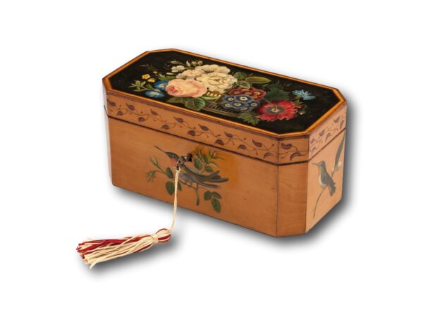 Front overview of the Georgian Spa Penwork Tea Caddy with the key inserted