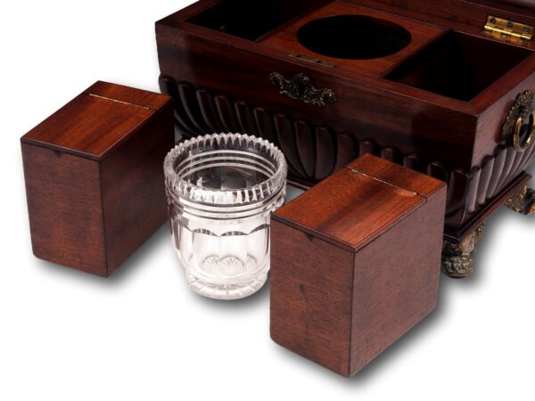 Cuban Mahogany Tea Chest with the lid up and the Twin Caddies and sugar bowl removed