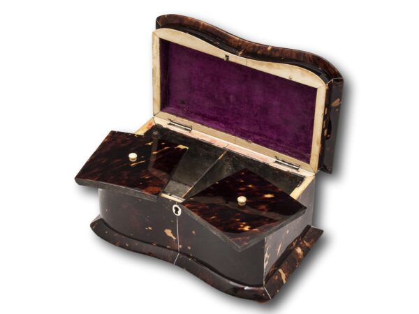 Georgian Serpentine Tortoiseshell Tea Caddy with the lid up and caddy lids slightly removed
