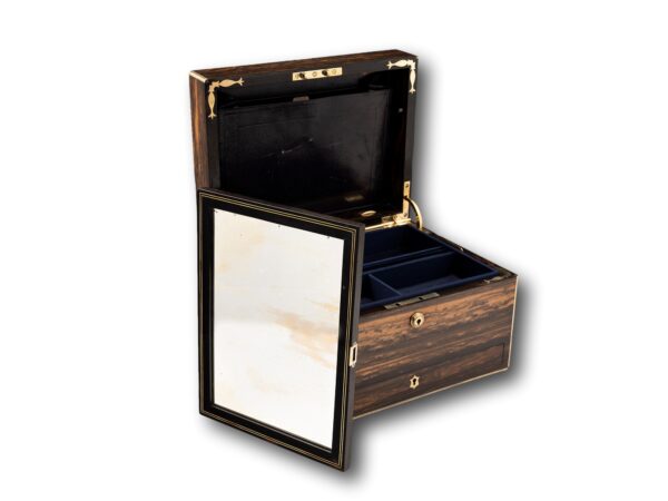 Coromandel Jewellery Box by Halstaff & Hannaford with the lid up and mirror removed