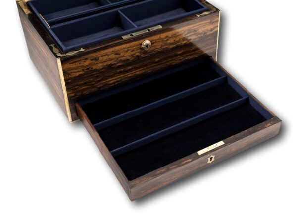 View of the drawer open on the Coromandel Jewellery Box by Halstaff & Hannaford
