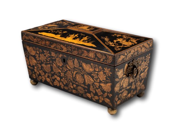 Side Angle of the Regency Chinoiserie Penwork Tea Chest