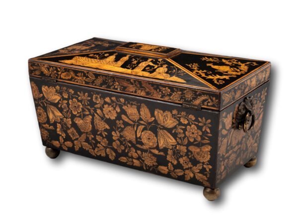 Side Angle of the Regency Chinoiserie Penwork Tea Chest