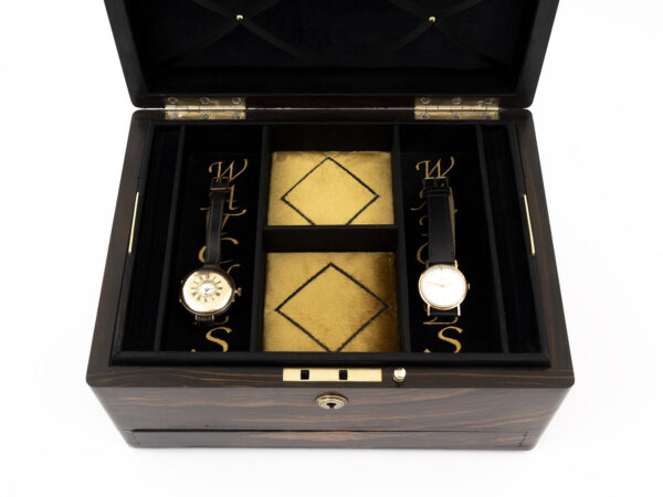 Coromandel Jewellery Box facing forward open close up with watches