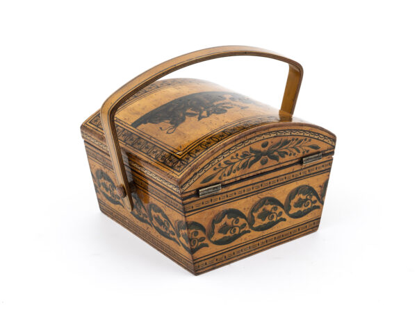 Penwork sewing basket with shaped handle rear side view