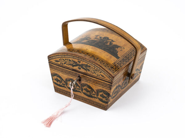Penwork sewing basket with shaped handle with key