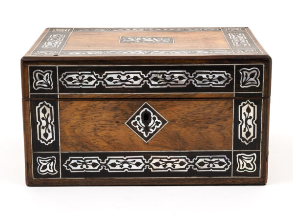 Rosewood and mother of pearl jewellery box front view
