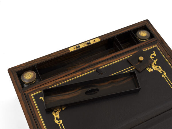 Cased coromandel writing box storage compartments