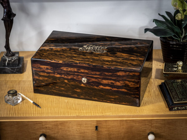 Cased coromandel writing box on a table