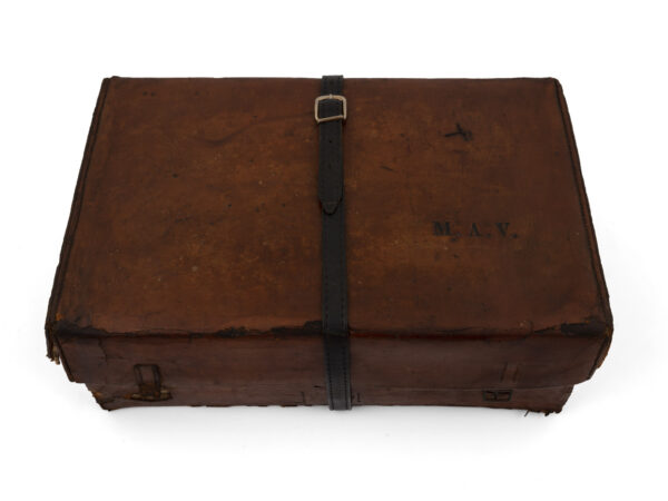Cased coromandel writing box in leather case top down view