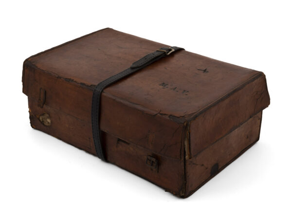Cased coromandel writing box in leather case front view