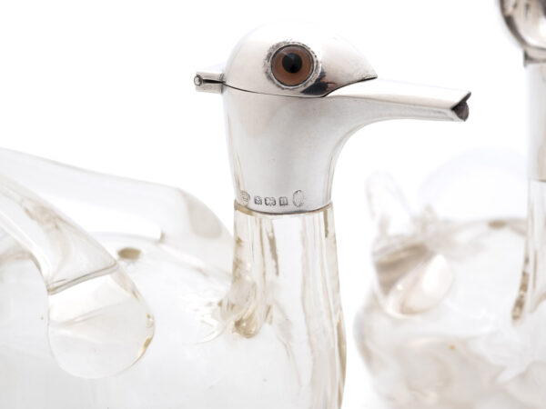 duck liqueur decanters silver mark close up
