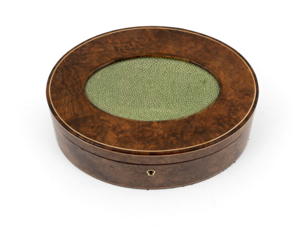 Walnut and shagreen oval box top down view