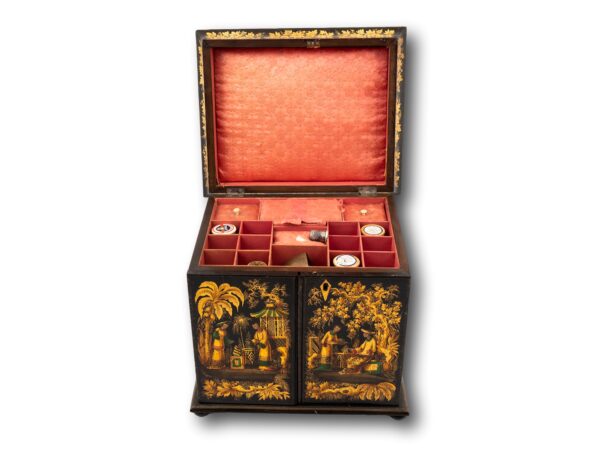 Japanned Chinoiserie Sewing Cabinet with the lid open