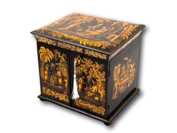 Overview of the Japanned Chinoiserie Sewing Cabinet with the key inserted