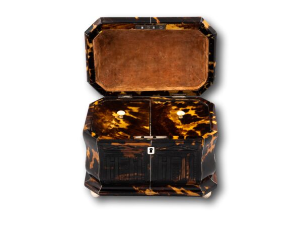 Front overview of the Pressed Regency Architectural Tortoiseshell Tea Caddy with the lid up