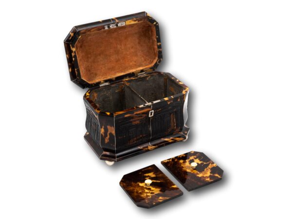Front overview of the Pressed Regency Architectural Tortoiseshell Tea Caddy with the lid up and tea leaf lids removed