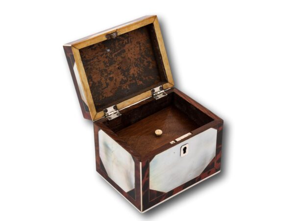 Overview of the Red Tortoiseshell Tea Caddy with the lid up