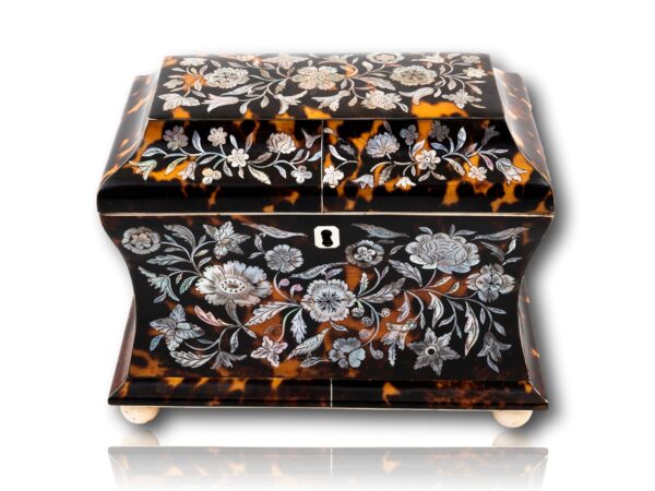 Front overview of the Regency Mother of pearl and Tortoiseshell Tea Caddy