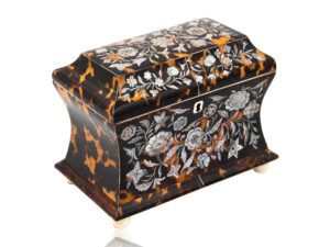 Front overview of the Regency Mother of pearl and Tortoiseshell Tea Caddy