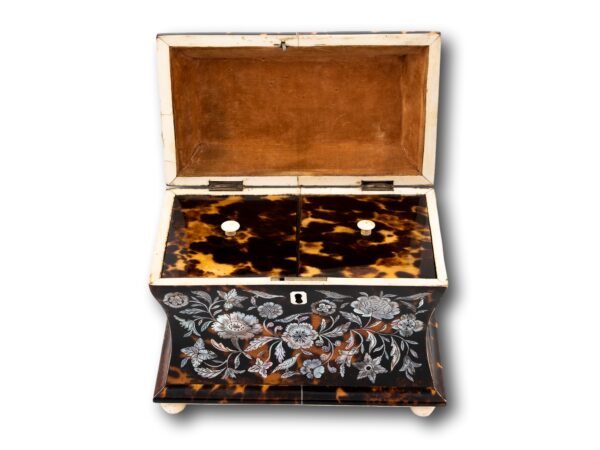Front overview of the Regency Mother of pearl and Tortoiseshell Tea Caddy with the lid up