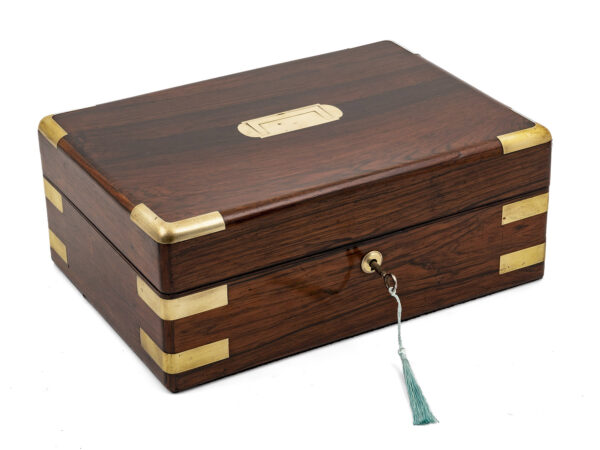 jewellery box with brass corner brackets and key