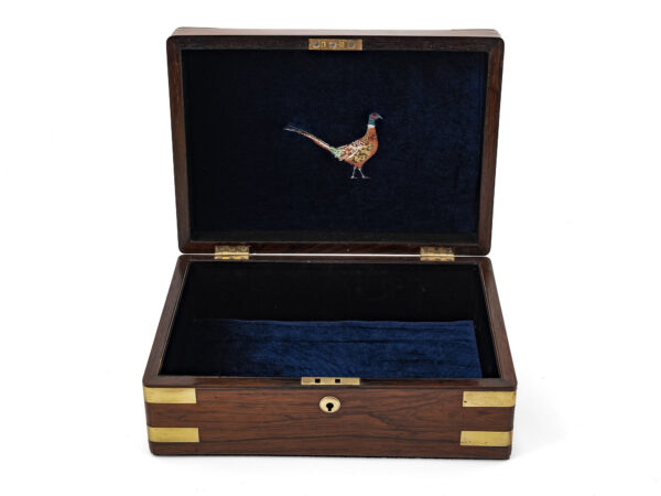 jewellery box with brass corner brackets embroidery pheasant open