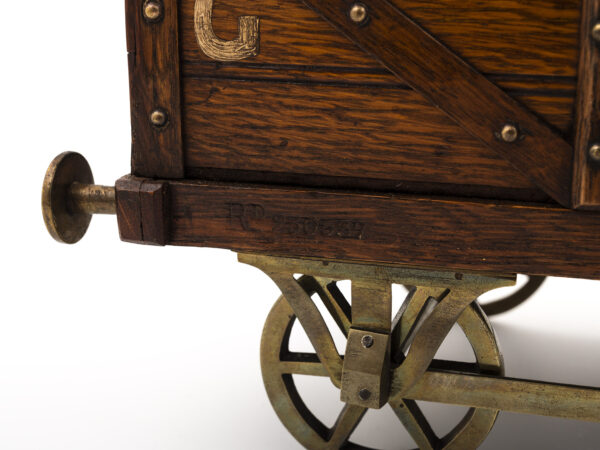 Antique coal wagon humidor close up