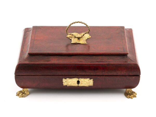 antique red leather sewing box front view