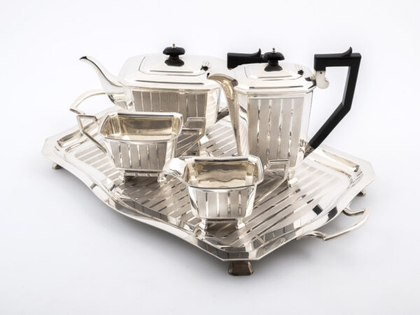 Sterling Silver Tea set on tray side angle view