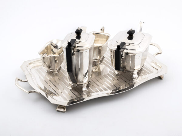 Sterling Silver Tea set on tray rear angle view