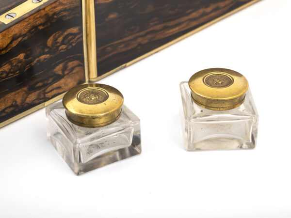 Lund Writing Box mahogany ink wells close up