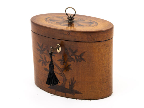 Satin Harewood Tea Caddy on a white background with tasselled key