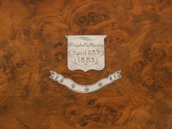 Walnut Vanity Box initial plate close up