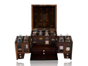 Overview of the Georgian Satinwood Apothecary Box open and extended
