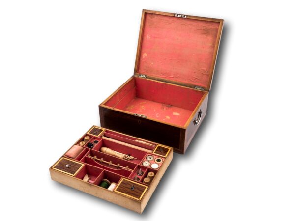 Overview of the Regency Tunbridge Ware Sewing Box with the lid up and the top tray removed