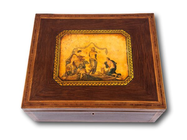 Overview of the top of the Regency Tunbridge Ware Sewing Box