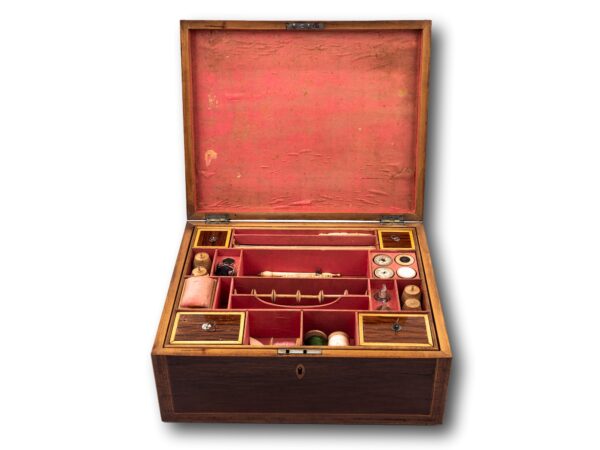 Overview of the Regency Tunbridge Ware Sewing Box with the lid up