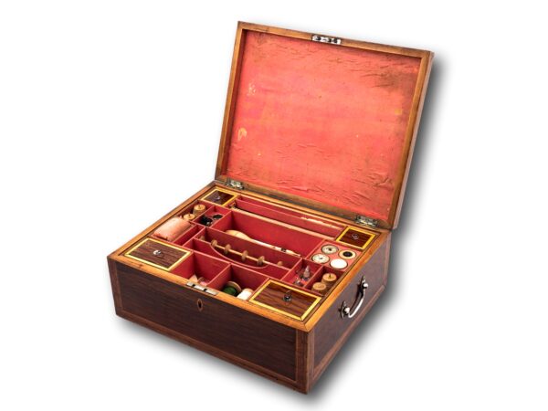 Overview of the Regency Tunbridge Ware Sewing Box with the lid up