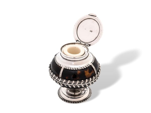 Overview of the Silver & Tortoiseshell Inkwell with the lid up